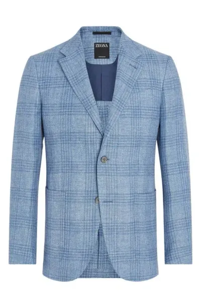 Zegna Fairway Crossover Plaid Linen Blend Sport Coat In Aqua Check