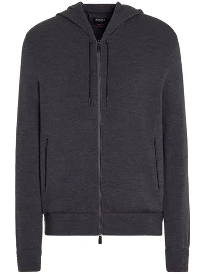 Zegna Fine-knit Drawstring Hoodie In Grey