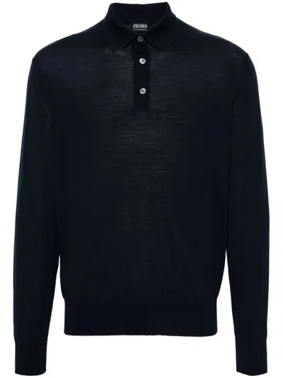 Zegna Fine-knit Polo Shirt In Blue