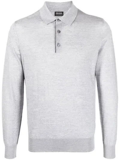 Zegna Long-sleeve Wool Polo Shirt In Grau