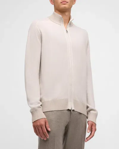 Zegna Men's Cashseta Full-zip Sweater In Light Taupe