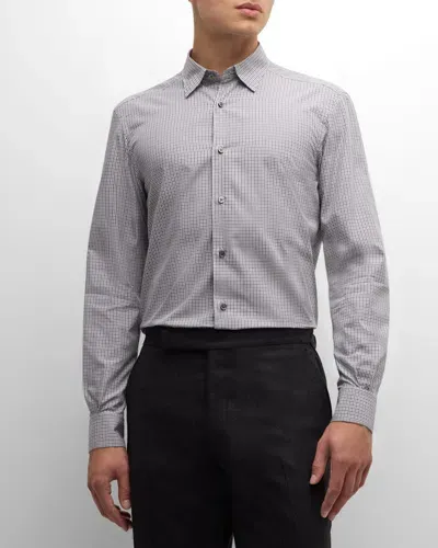 Zegna Men's Centoquaranta Micro-check Cotton Sport Shirt In Medium Gray Check