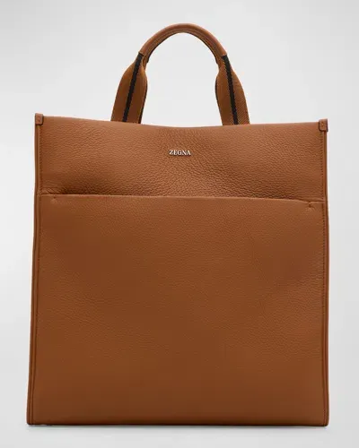 Zegna Men's East-west Deerskin Tote Bag In Dark Brown