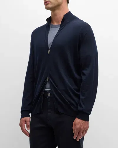 Zegna Men's High-performance Wool Full-zip Sweater In Navy Solid