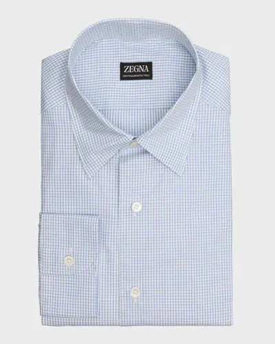 Zegna Men's Micro-check Centoquaranta Cotton Sport Shirt In Bright Blue Check