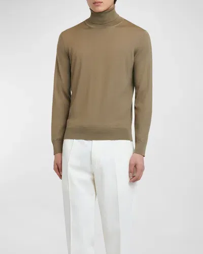 Zegna Men's Solid Cashseta Turtleneck Sweater In Khaki