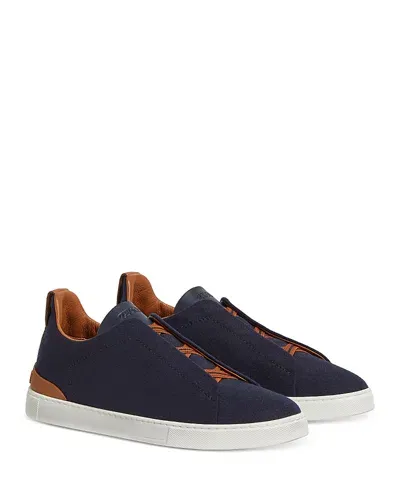 Zegna Triple Stitch Flannel Sneaker In Navy Blue