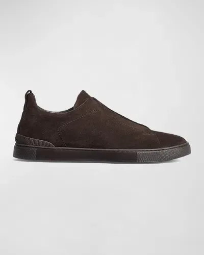 Zegna Men's Triple Stitch Suede Low Top Slip-on Sneakers In Brown