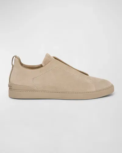 Zegna Men's Triple Stitch Suede Low-top Sneakers In Md Bge Sld