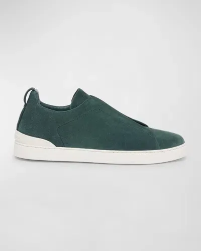 Zegna Men's Triple Stitch Suede Sneakers In Medium Green