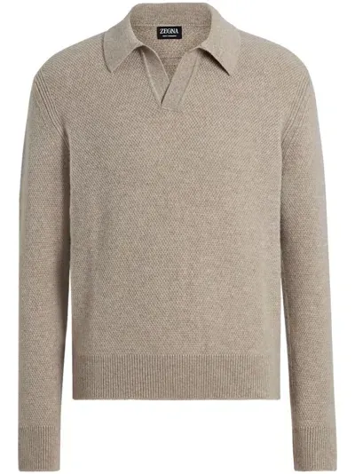 Zegna Oasi Cashmere Polo Shirt In Light Taupe Mélange