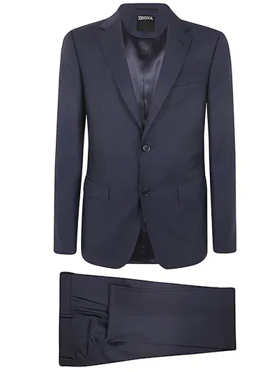 Zegna Pure Wool Suit In Dark Blue Solid