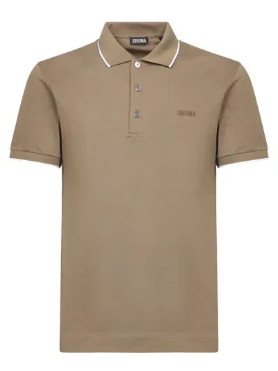 Zegna Sage Green Piquet Polo With Logo In Brown