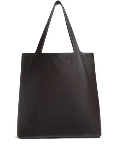 Zegna Secondskin Leather Tote Bag In Brown