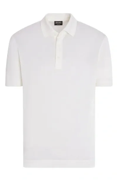 Zegna Short Sleeve Silk Bird's Eye Piqué Polo In Bianco