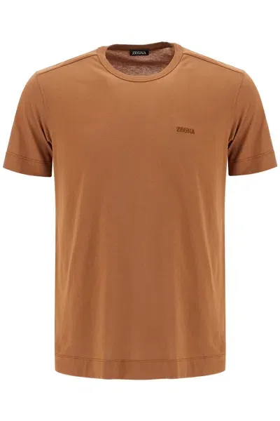 Zegna T Shirt Girocollo Con Ricamo Logo In Beige