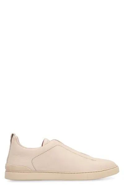 Zegna Triple Stitch Leather Sneakers In Beige