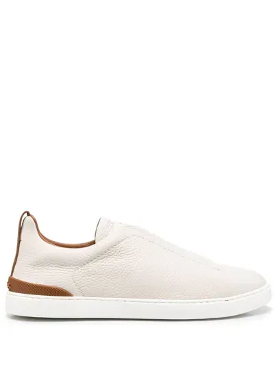 Zegna Triple Stitch Leather Sneakers In Off White