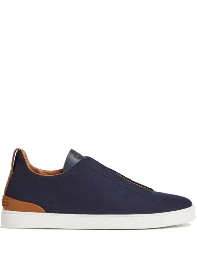 Zegna Blue Cotton Denim Triple Stitch Low Top Sneakers