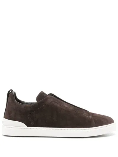 Zegna Triple Stitch Leather Low-top Sneakers In Brown