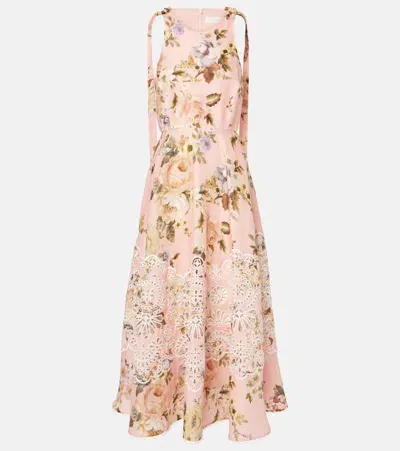 Zimmermann Acacia Broderie Anglaise Linen Midi Dress In Pink