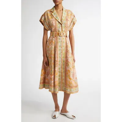 Zimmermann Acacia Floral Stripe Belted Linen Midi Shirtdress In Pink Multi