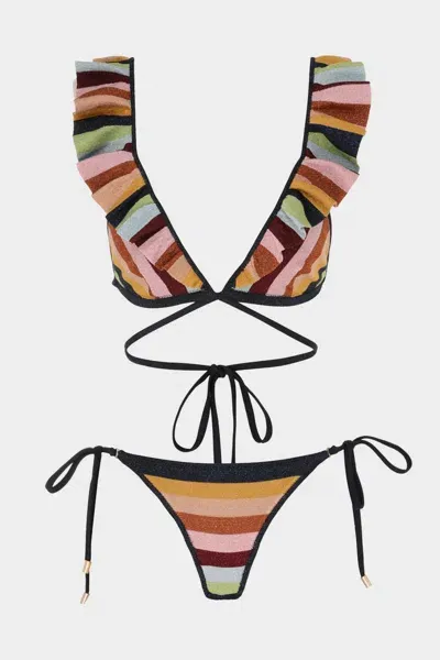 Zimmermann Alight Lurex Knit Wrap Bikini Set In Lurex Multi Stripe In Schwarz