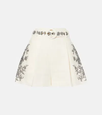 Zimmermann Belted Floral Linen Shorts In White