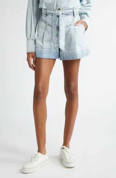 Zimmermann Belted Pleated Denim Shorts In Blue