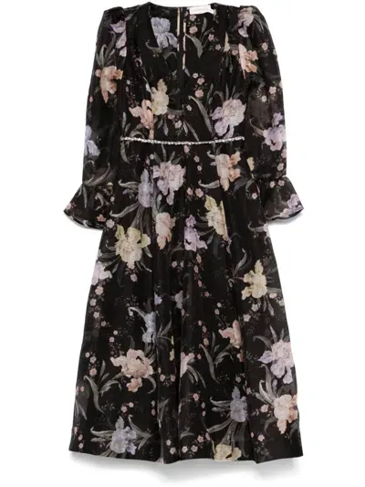 Zimmermann Black/multicolour Linen Blend Textured Finish All-over Floral Print Dress