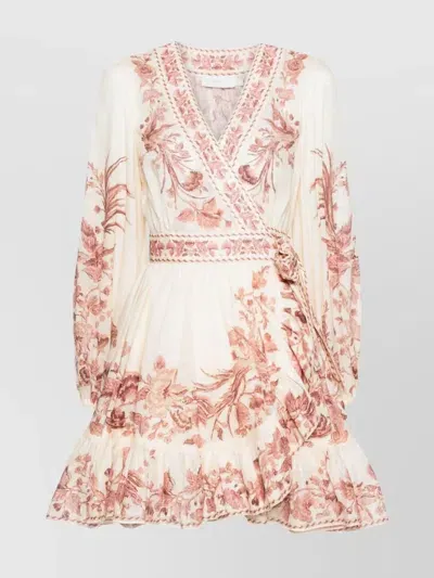 Zimmermann Botanical Print Mini Dress With Wrap Design In Beis