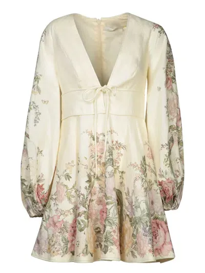 Zimmermann Cream Floral Mini Plunge Wav Dress In White