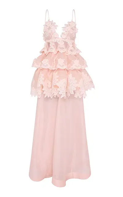 Zimmermann Crush Embroidered Linen-silk Maxi Dress In Light Pink