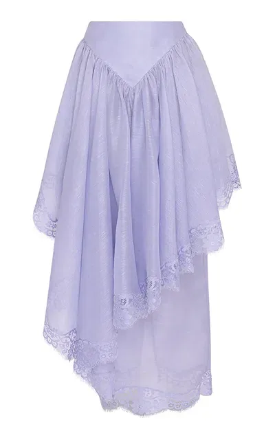 Zimmermann Crush Lace-trimmed Linen-silk Midi Skirt In Purple