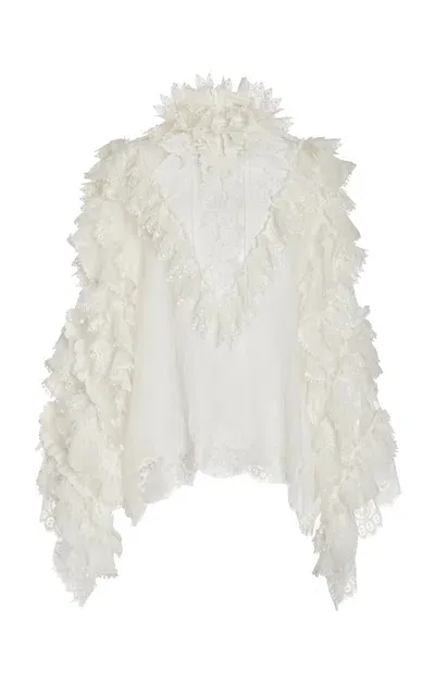 Zimmermann Crush Lace-trimmed Ruffle Linen-silk Top In Ivory