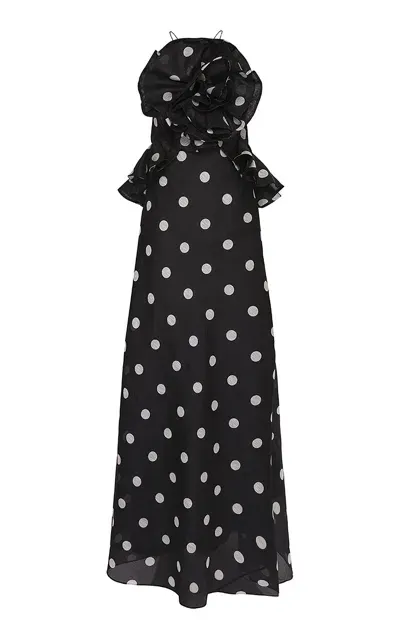 Zimmermann Crush Rosette Polka-dot Linen-silk Maxi Dress In Black,white