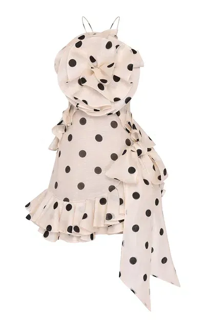 Zimmermann Crush Rosette Polka-dot Linen-silk Mini Dress In Black,white