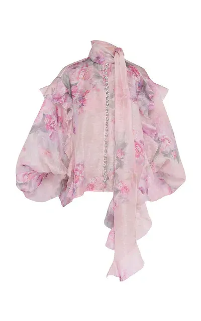 Zimmermann Crush Ruffled Floral Linen-silk Top In Pink