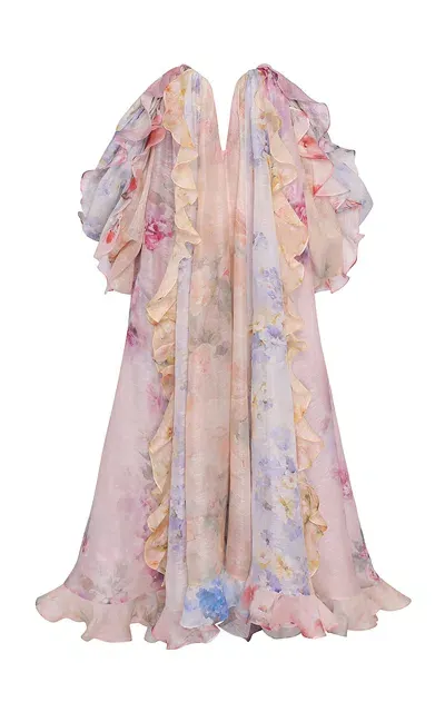 Zimmermann Crush Ruffled Off-the-shoulder Linen-silk Gown In Multi