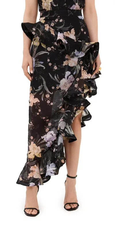 Zimmermann Eden Waterfall Asymmetric Ruffled Floral-print Linen And Silk-blend Midi Skirt In Multi