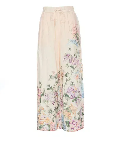 Zimmermann Floral Print Linen Trousers In Beige