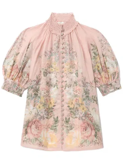 Zimmermann Floral Print Short Sleeve Blouse In Pink