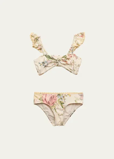 Zimmermann Kids' Girl's Waverly Frill Two-piece Bikini Set In Cream Floral