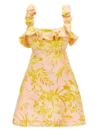 Zimmermann Golden Bow-detailed Open-back Ruffled Floral-print Linen Mini Dress In Multicolour