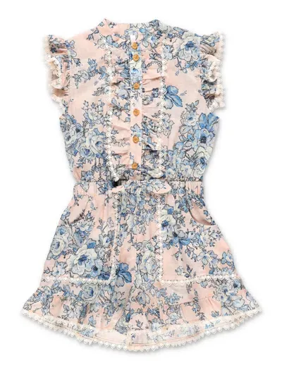 Zimmermann Kids' Halliday Frill Playsuit In Peach/blue