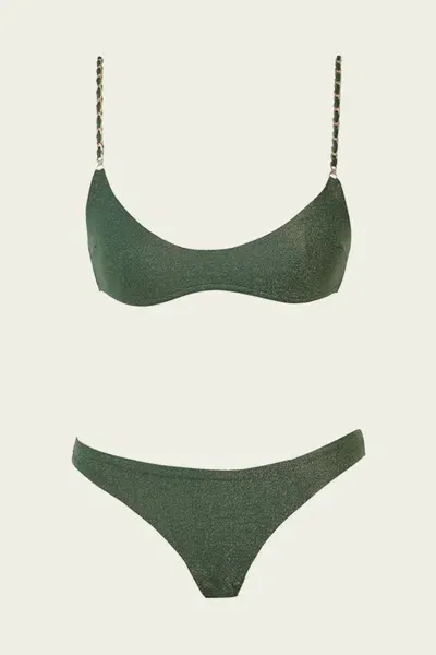 Zimmermann Halliday Metallic Chain Bikini Set In Forest Green