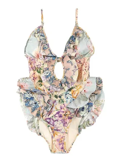 Zimmermann Halliday Waterfall Frill One-piece Swimsuit In Multicolour