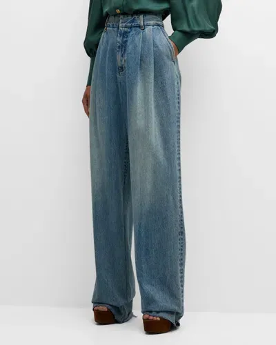 Zimmermann Illustration Pleated Denim Pants In Light Blue