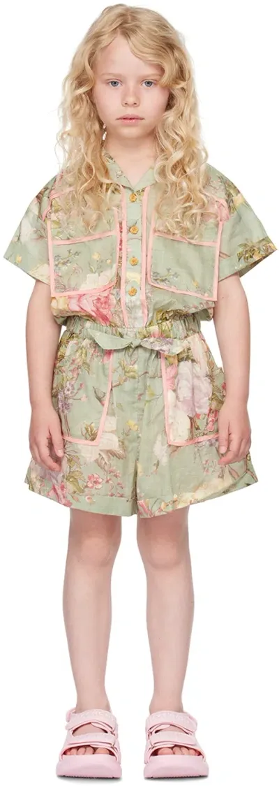 Zimmermann Kids Green Waverly Romper In Sage Floral Sagf