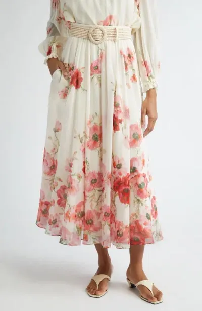 Zimmermann Floral Print Belted Maxi Skirt In White